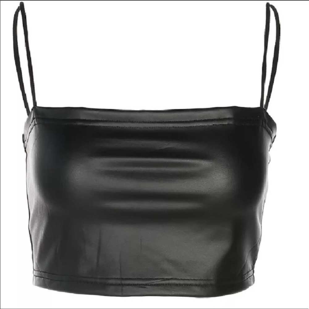 NWT Black Faux Leather Cropped Bandeau Tank Top - Picture 2 of 4